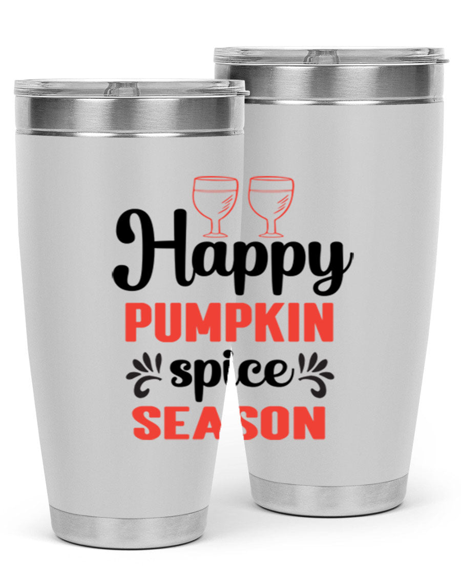 Happy Pumpkin Spice 20oz Tumbler featuring a vibrant autumn design, made of double wall vacuum stainless steel with a copper lining.