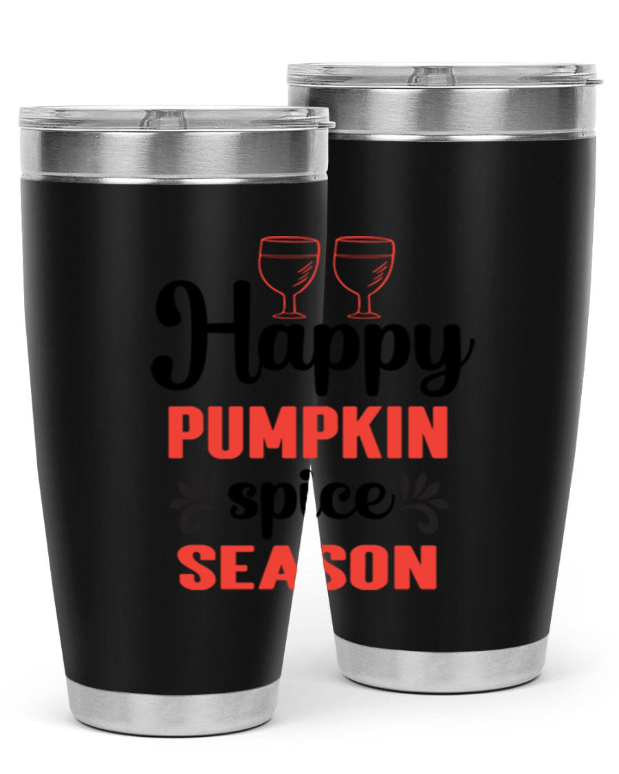 Happy Pumpkin Spice 20oz Tumbler featuring a vibrant autumn design, made of double wall vacuum stainless steel with a copper lining.