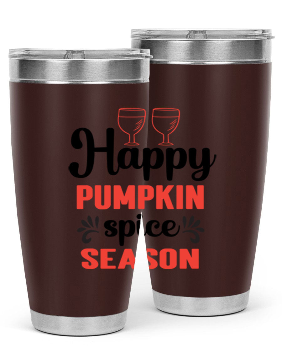 Happy Pumpkin Spice 20oz Tumbler featuring a vibrant autumn design, made of double wall vacuum stainless steel with a copper lining.