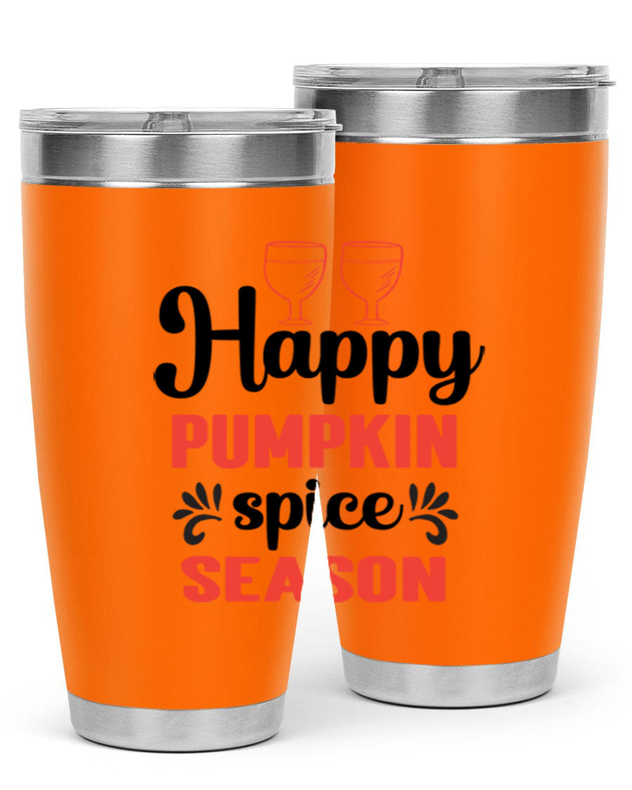 Happy Pumpkin Spice 20oz Tumbler featuring a vibrant autumn design, made of double wall vacuum stainless steel with a copper lining.