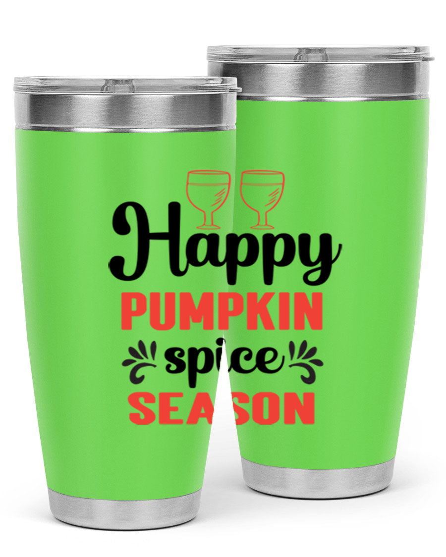 Happy Pumpkin Spice 20oz Tumbler featuring a vibrant autumn design, made of double wall vacuum stainless steel with a copper lining.