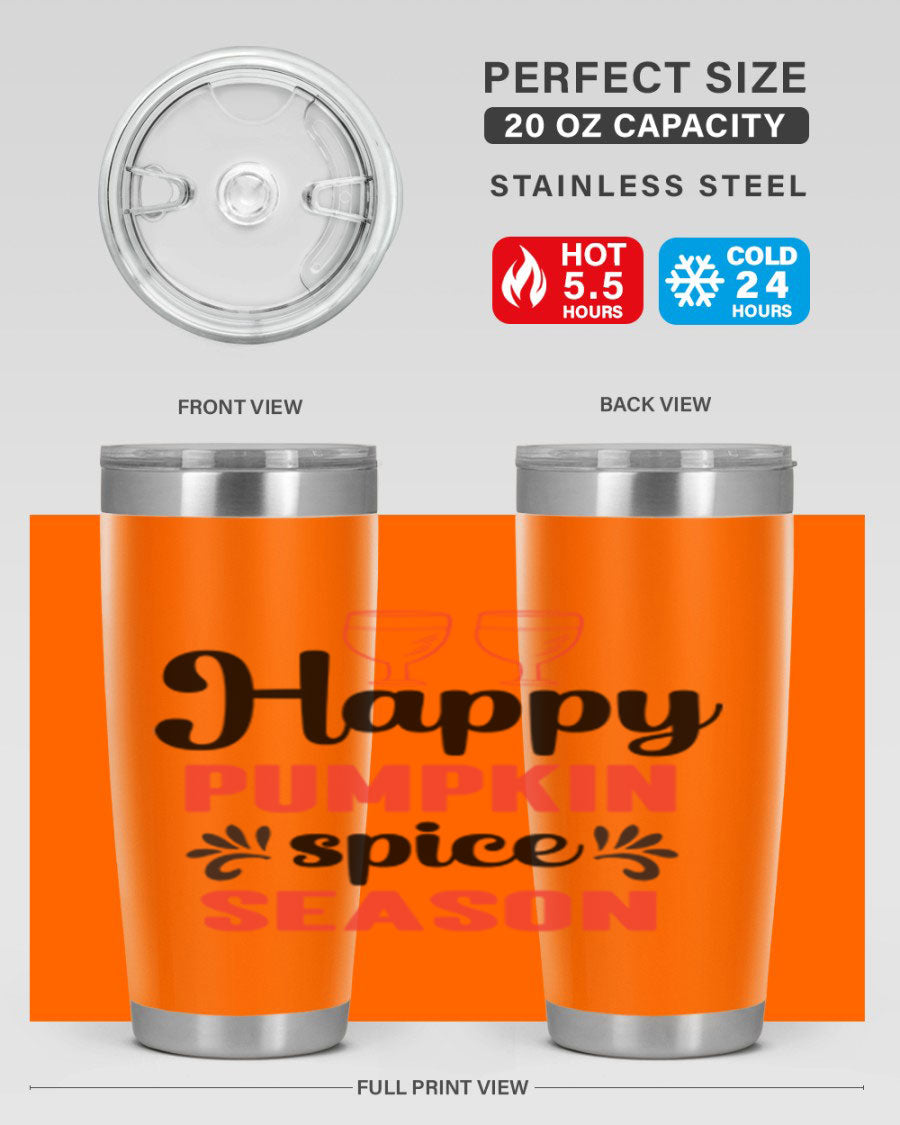 Happy Pumpkin Spice 20oz Tumbler featuring a vibrant autumn design, made of double wall vacuum stainless steel with a copper lining.