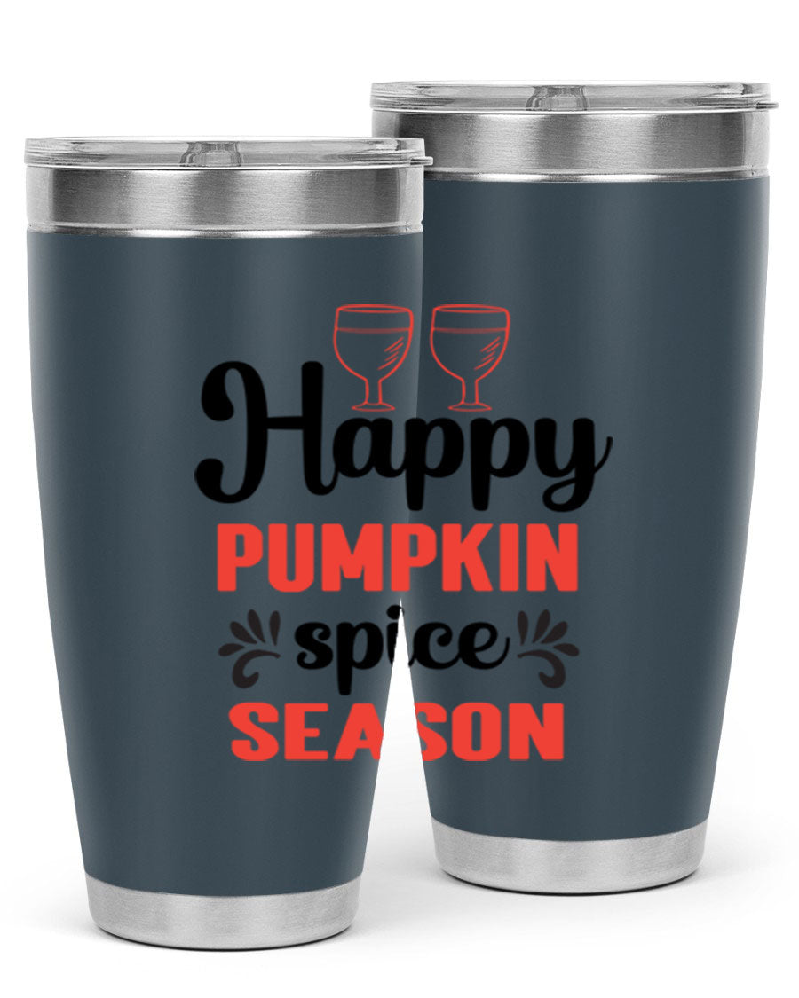 Happy Pumpkin Spice 20oz Tumbler featuring a vibrant autumn design, made of double wall vacuum stainless steel with a copper lining.