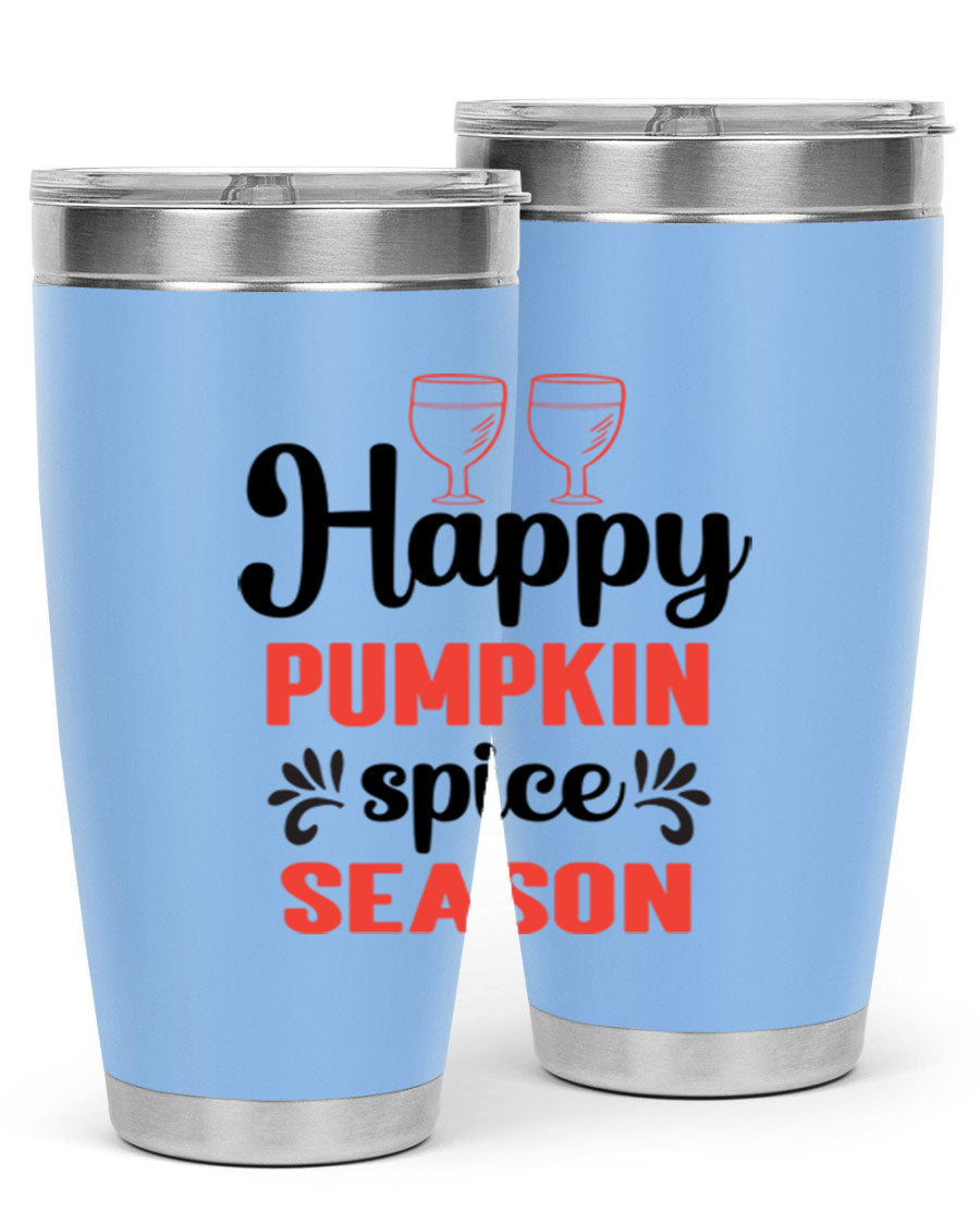 Happy Pumpkin Spice 20oz Tumbler featuring a vibrant autumn design, made of double wall vacuum stainless steel with a copper lining.