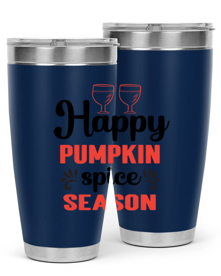 Happy Pumpkin Spice 20oz Tumbler featuring a vibrant autumn design, made of double wall vacuum stainless steel with a copper lining.