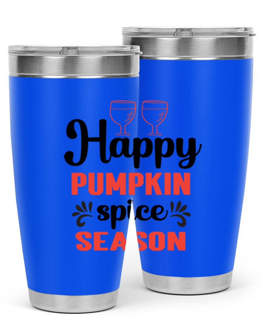 Happy Pumpkin Spice 20oz Tumbler featuring a vibrant autumn design, made of double wall vacuum stainless steel with a copper lining.