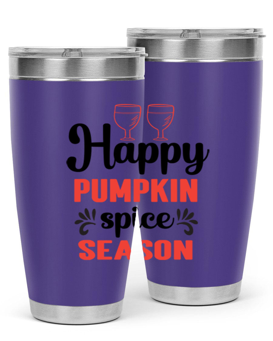 Happy Pumpkin Spice 20oz Tumbler featuring a vibrant autumn design, made of double wall vacuum stainless steel with a copper lining.