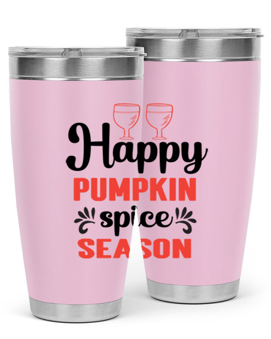 Happy Pumpkin Spice 20oz Tumbler featuring a vibrant autumn design, made of double wall vacuum stainless steel with a copper lining.