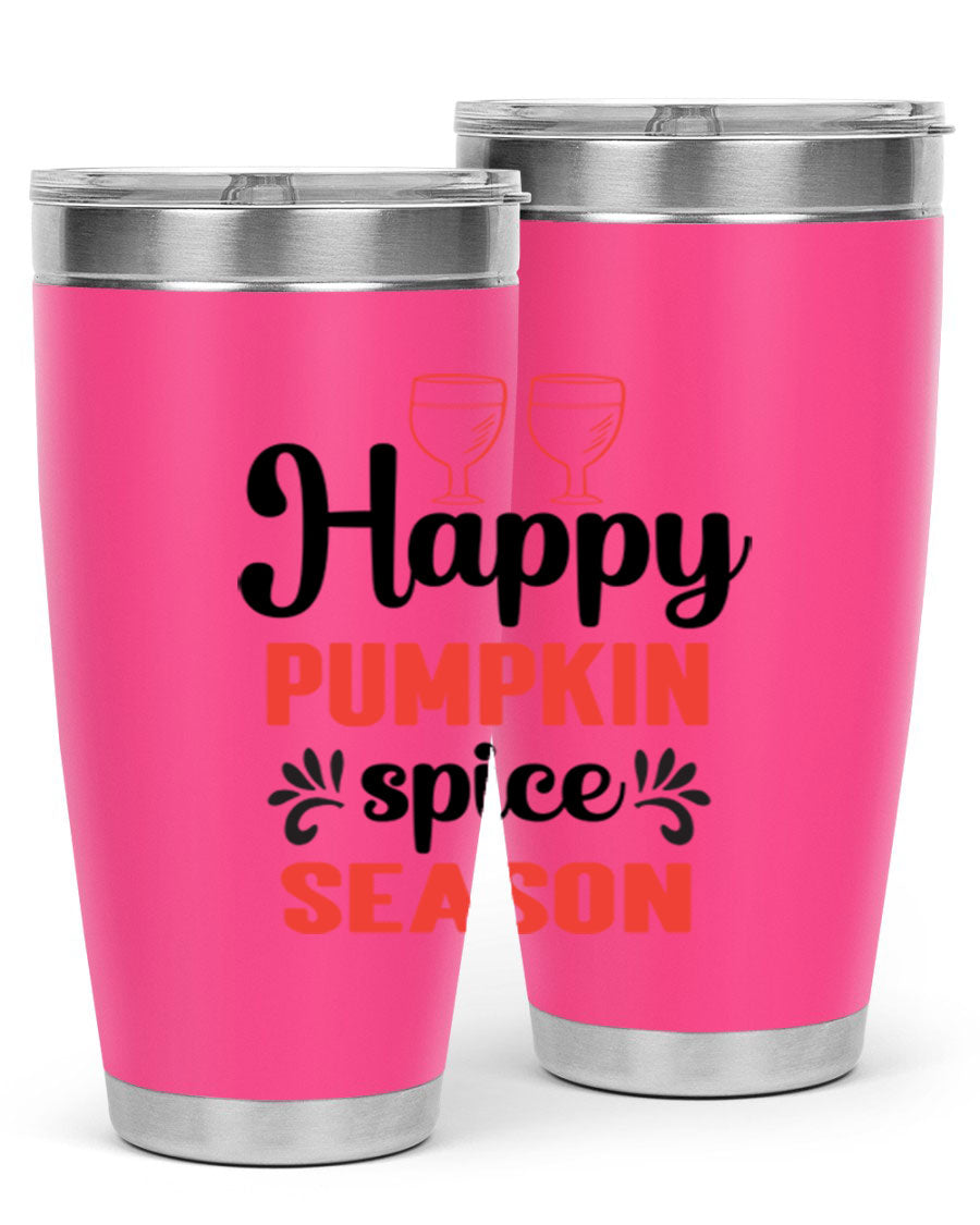 Happy Pumpkin Spice 20oz Tumbler featuring a vibrant autumn design, made of double wall vacuum stainless steel with a copper lining.