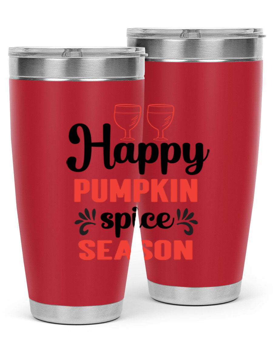 Happy Pumpkin Spice 20oz Tumbler featuring a vibrant autumn design, made of double wall vacuum stainless steel with a copper lining.