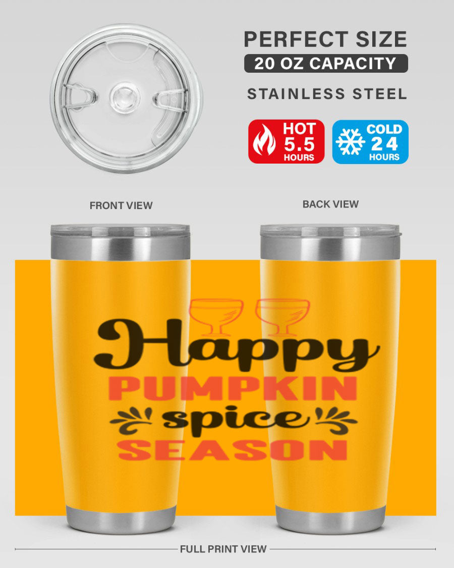 Happy Pumpkin Spice 20oz Tumbler featuring a vibrant autumn design, made of double wall vacuum stainless steel with a copper lining.