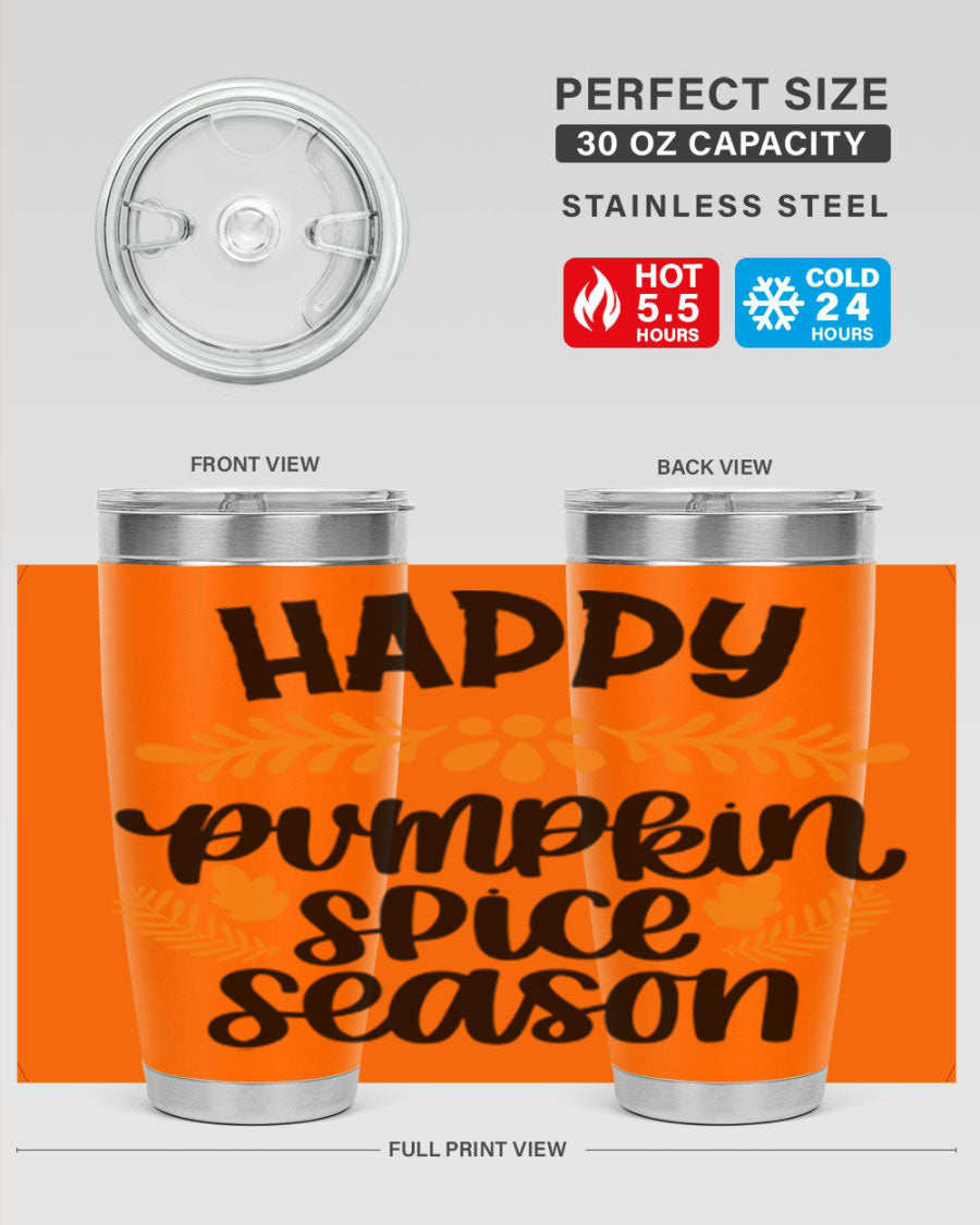 Happy Pumpkin Spice Season 20oz tumbler featuring a festive autumn design, made from stainless steel with a drink-thru lid.