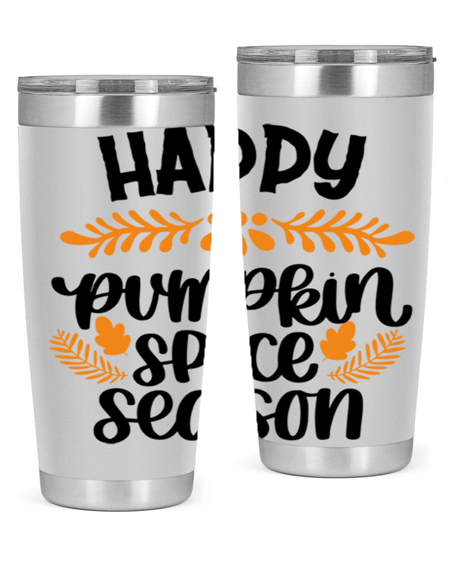 Happy Pumpkin Spice Season 20oz tumbler featuring a festive autumn design, made from stainless steel with a drink-thru lid.