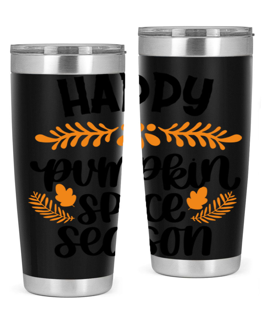 Happy Pumpkin Spice Season 20oz tumbler featuring a festive autumn design, made from stainless steel with a drink-thru lid.
