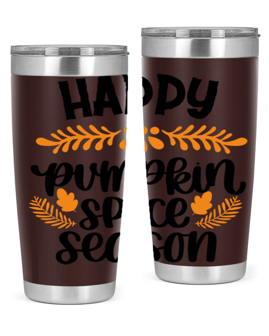 Happy Pumpkin Spice Season 20oz tumbler featuring a festive autumn design, made from stainless steel with a drink-thru lid.