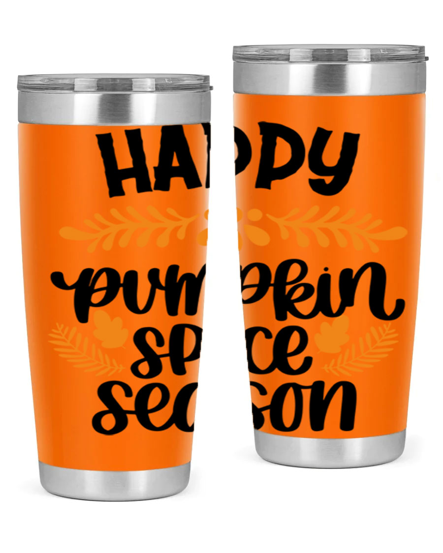 Happy Pumpkin Spice Season 20oz tumbler featuring a festive autumn design, made from stainless steel with a drink-thru lid.