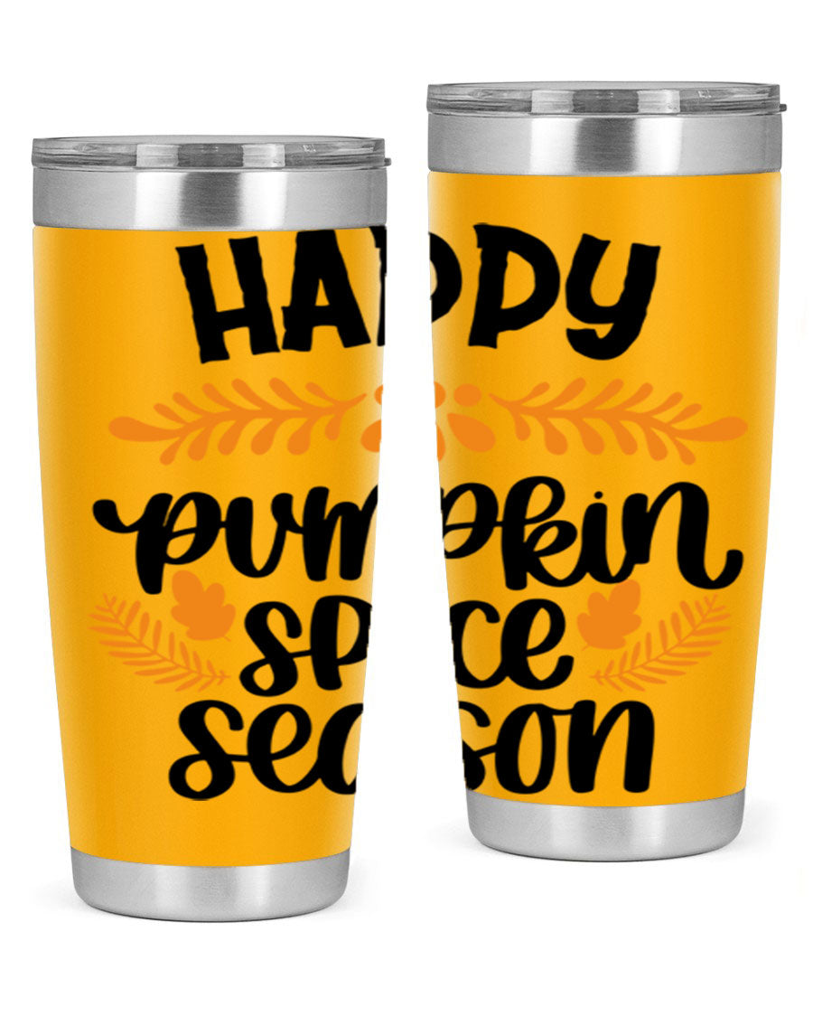Happy Pumpkin Spice Season 20oz tumbler featuring a festive autumn design, made from stainless steel with a drink-thru lid.