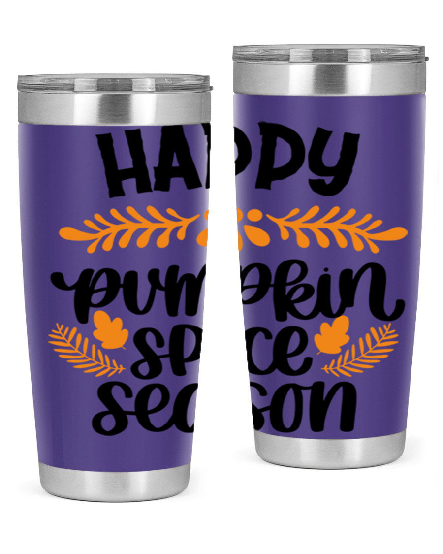 Happy Pumpkin Spice Season 20oz tumbler featuring a festive autumn design, made from stainless steel with a drink-thru lid.