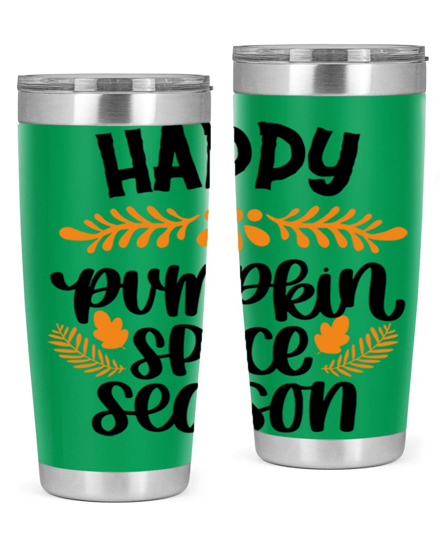 Happy Pumpkin Spice Season 20oz tumbler featuring a festive autumn design, made from stainless steel with a drink-thru lid.