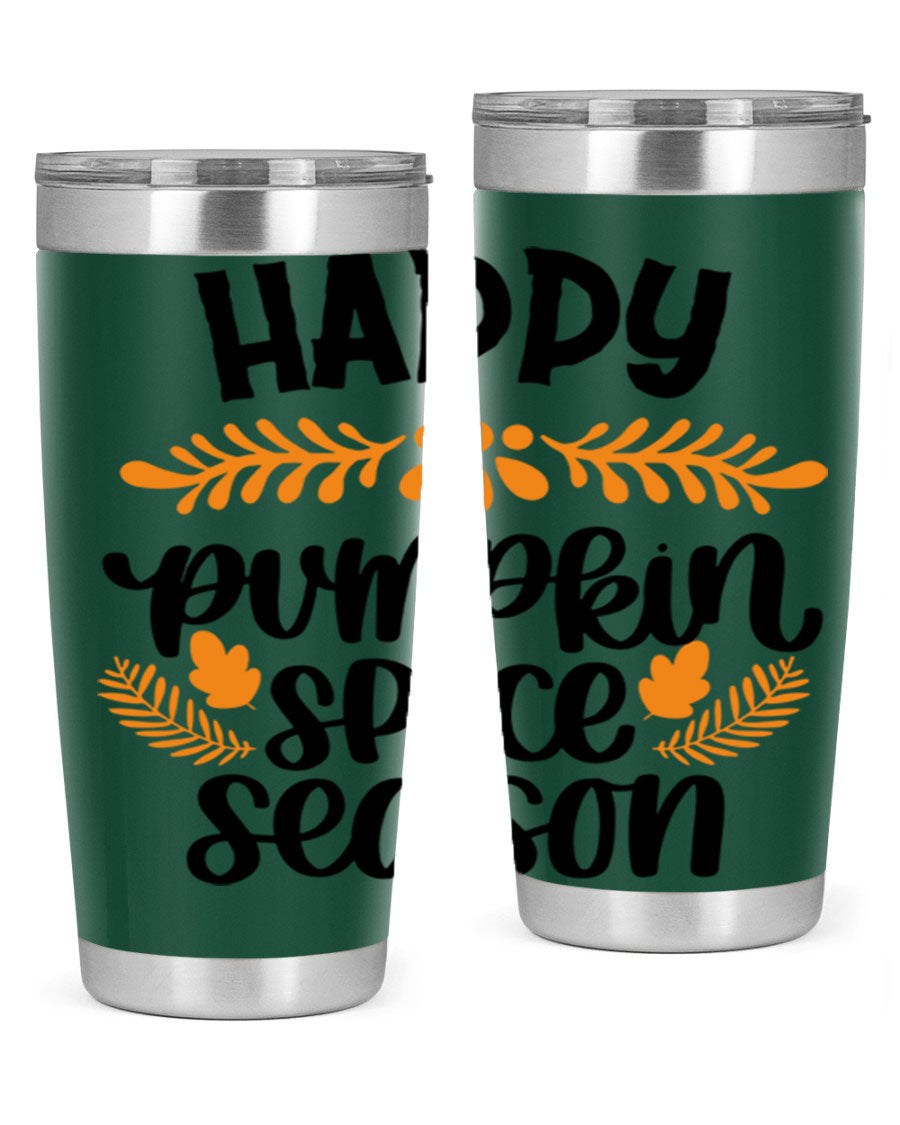Happy Pumpkin Spice Season 20oz tumbler featuring a festive autumn design, made from stainless steel with a drink-thru lid.