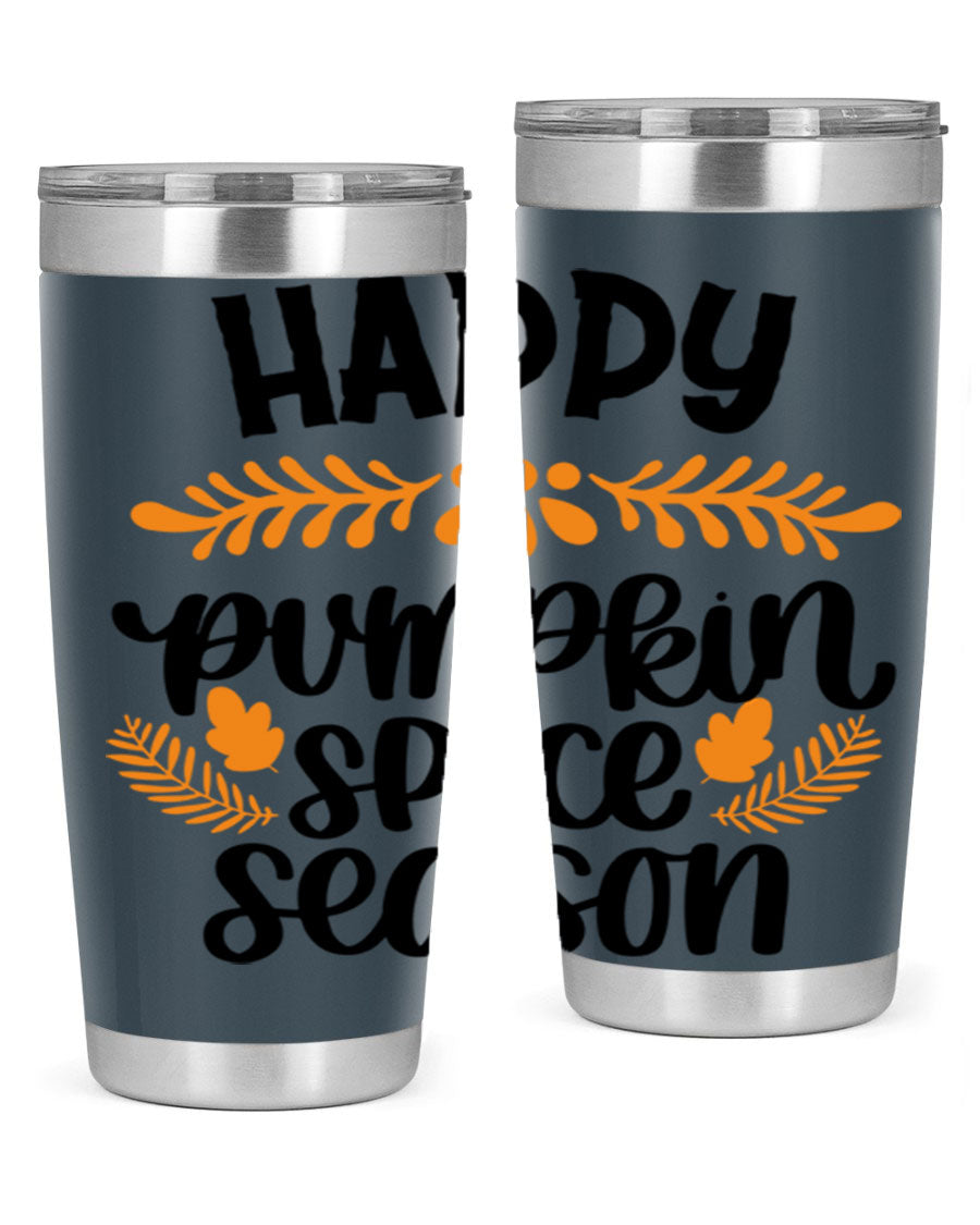 Happy Pumpkin Spice Season 20oz tumbler featuring a festive autumn design, made from stainless steel with a drink-thru lid.