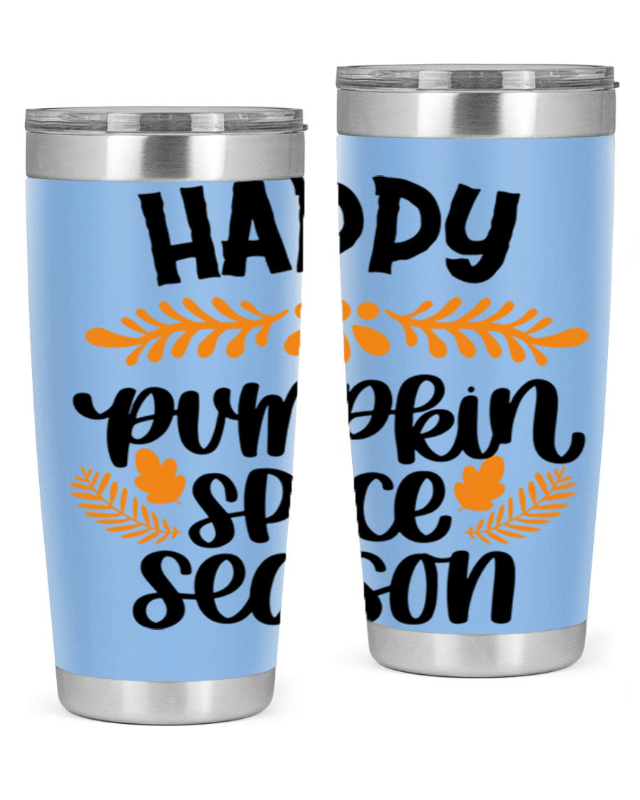 Happy Pumpkin Spice Season 20oz tumbler featuring a festive autumn design, made from stainless steel with a drink-thru lid.
