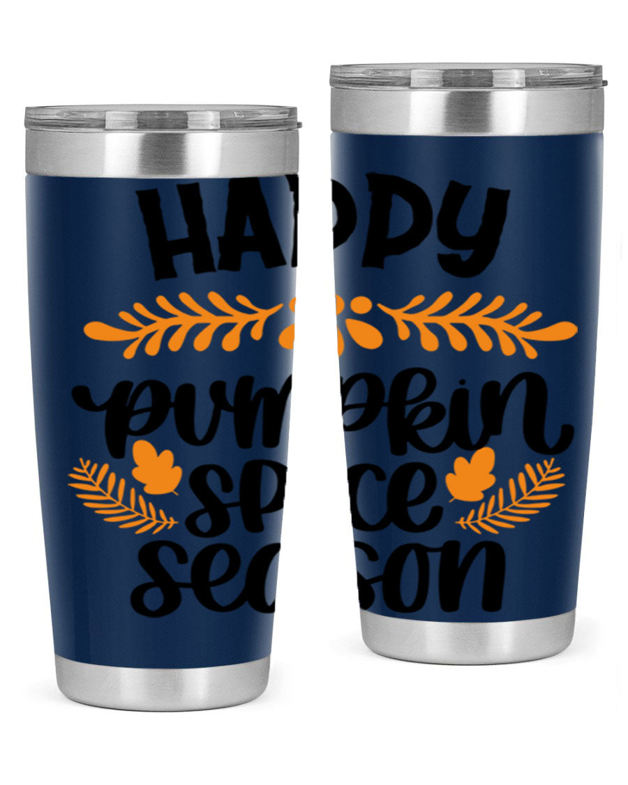 Happy Pumpkin Spice Season 20oz tumbler featuring a festive autumn design, made from stainless steel with a drink-thru lid.