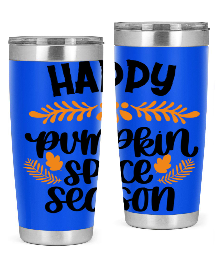Happy Pumpkin Spice Season 20oz tumbler featuring a festive autumn design, made from stainless steel with a drink-thru lid.