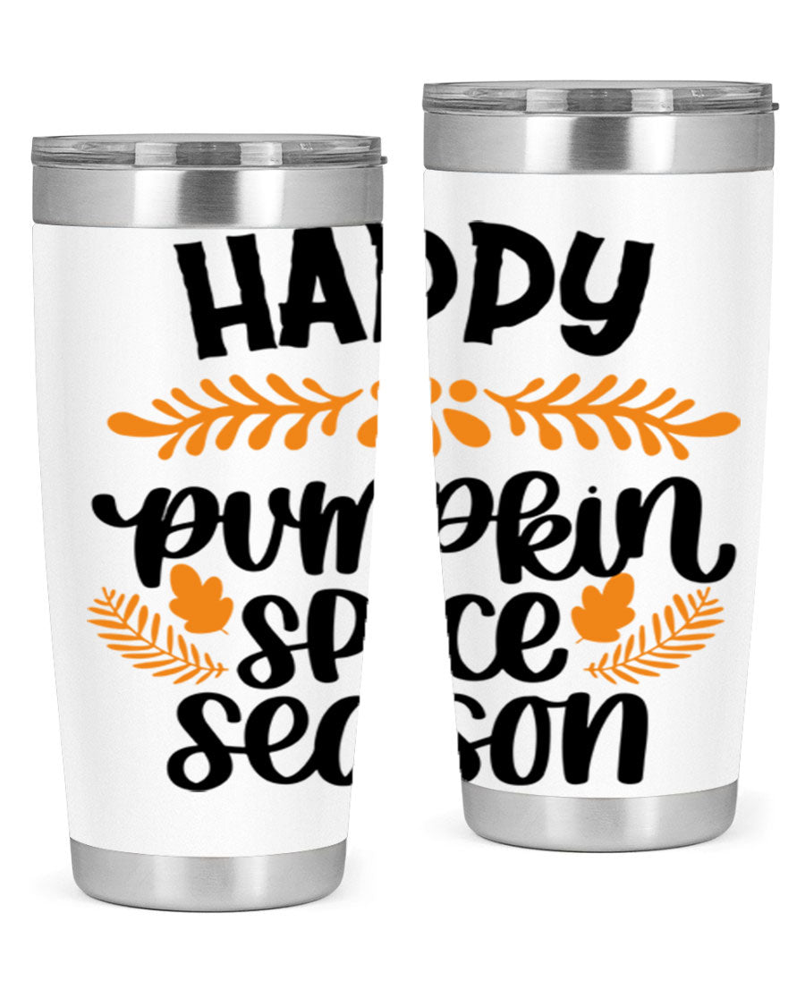 Happy Pumpkin Spice Season 20oz tumbler featuring a festive autumn design, made from stainless steel with a drink-thru lid.