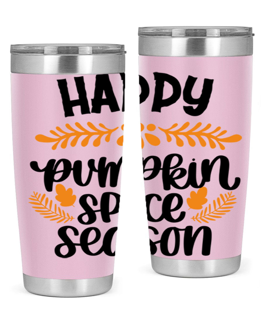 Happy Pumpkin Spice Season 20oz tumbler featuring a festive autumn design, made from stainless steel with a drink-thru lid.