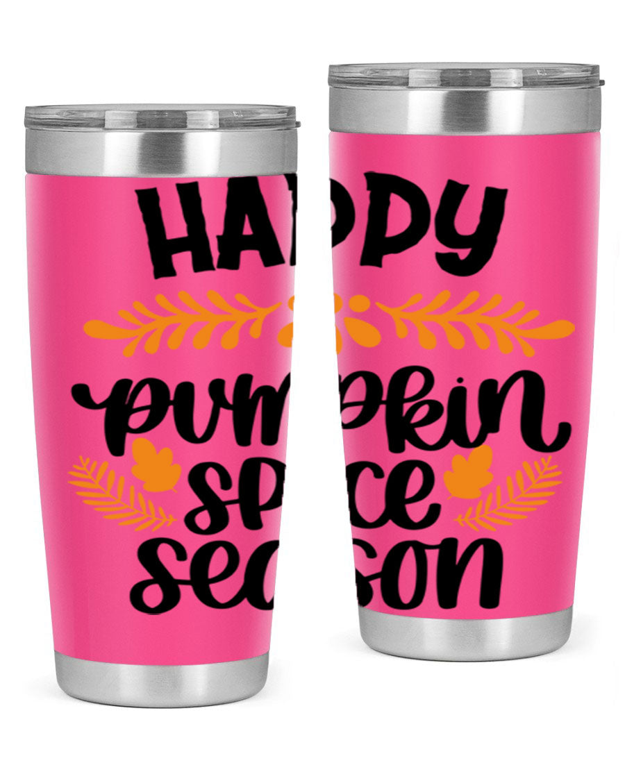 Happy Pumpkin Spice Season 20oz tumbler featuring a festive autumn design, made from stainless steel with a drink-thru lid.