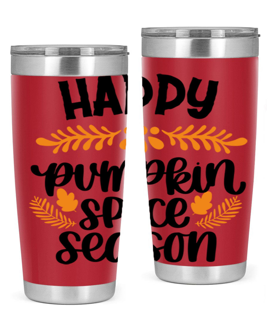 Happy Pumpkin Spice Season 20oz tumbler featuring a festive autumn design, made from stainless steel with a drink-thru lid.