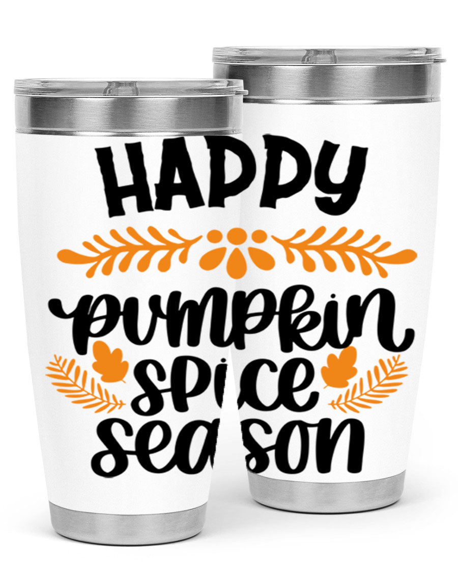 Happy Pumpkin Spice Season 20oz tumbler featuring a festive autumn design, made from stainless steel with a drink-thru lid.