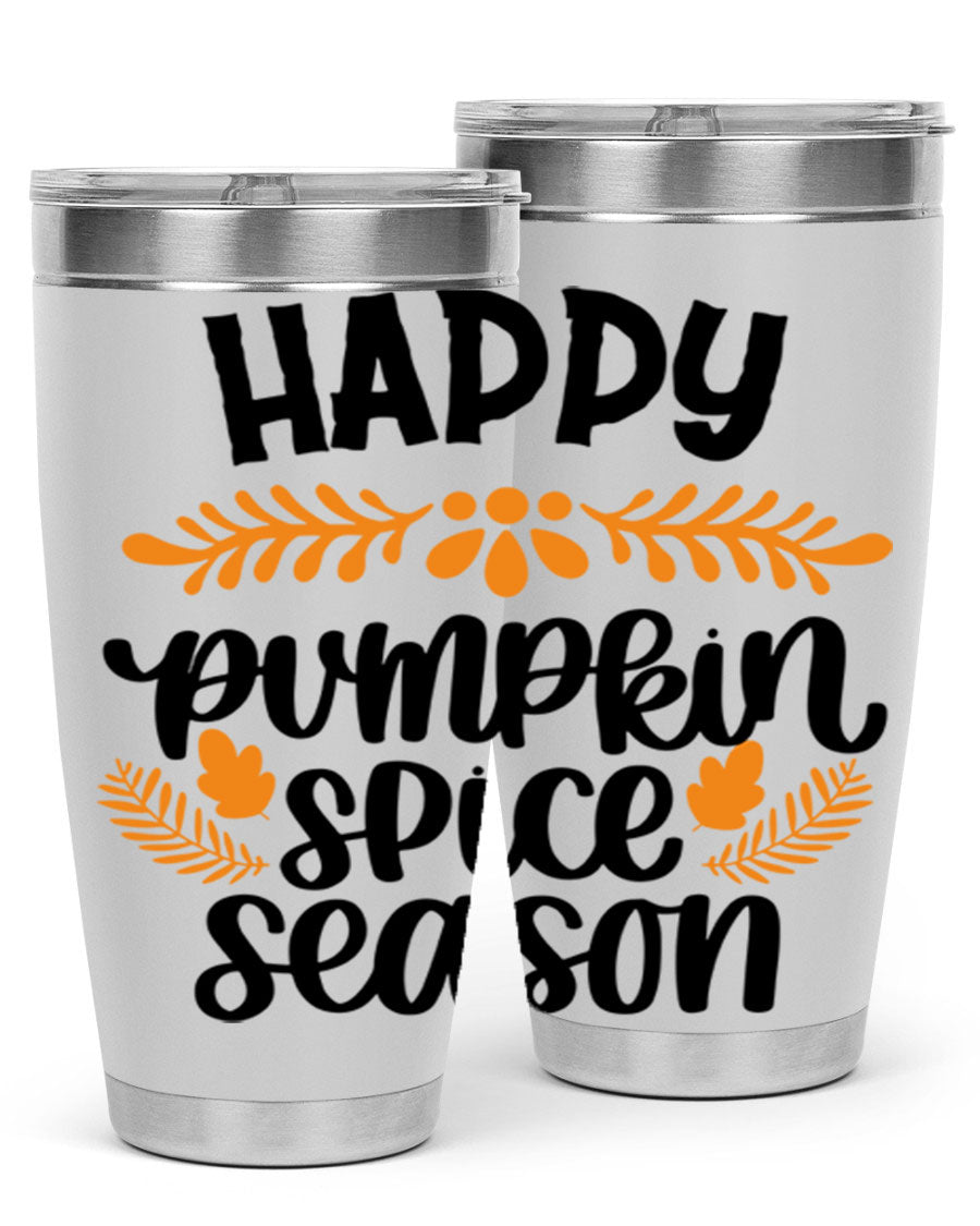 Happy Pumpkin Spice Season 20oz tumbler featuring a festive autumn design, made from stainless steel with a drink-thru lid.