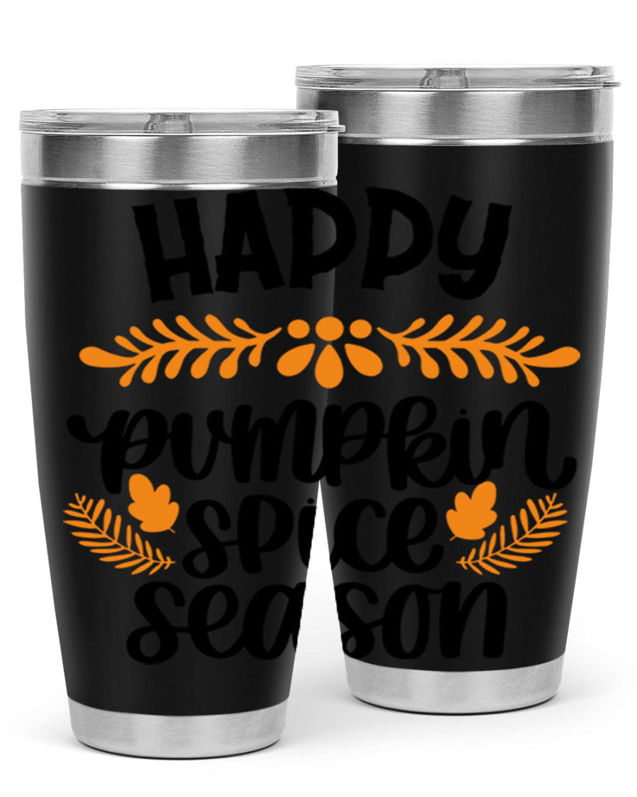 Happy Pumpkin Spice Season 20oz tumbler featuring a festive autumn design, made from stainless steel with a drink-thru lid.