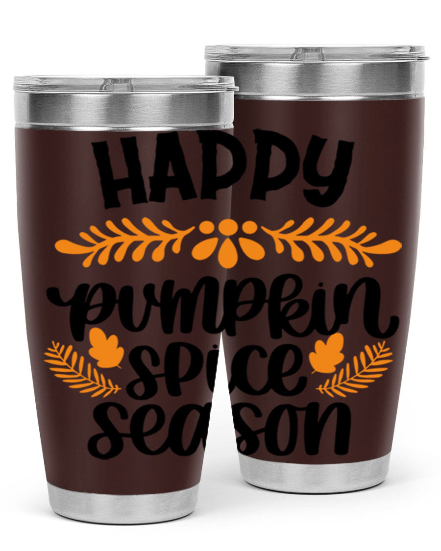 Happy Pumpkin Spice Season 20oz tumbler featuring a festive autumn design, made from stainless steel with a drink-thru lid.