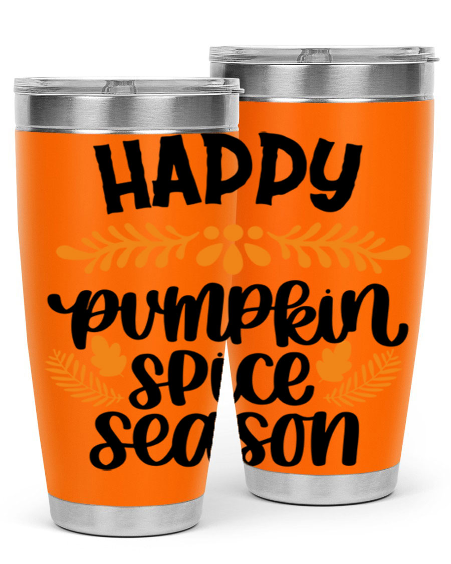 Happy Pumpkin Spice Season 20oz tumbler featuring a festive autumn design, made from stainless steel with a drink-thru lid.