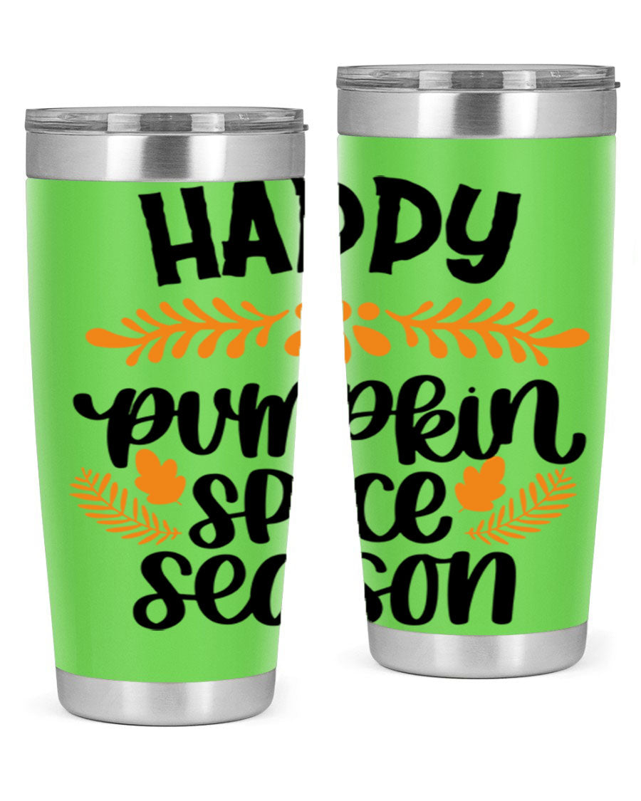Happy Pumpkin Spice Season 20oz tumbler featuring a festive autumn design, made from stainless steel with a drink-thru lid.