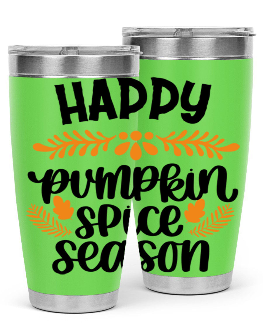 Happy Pumpkin Spice Season 20oz tumbler featuring a festive autumn design, made from stainless steel with a drink-thru lid.