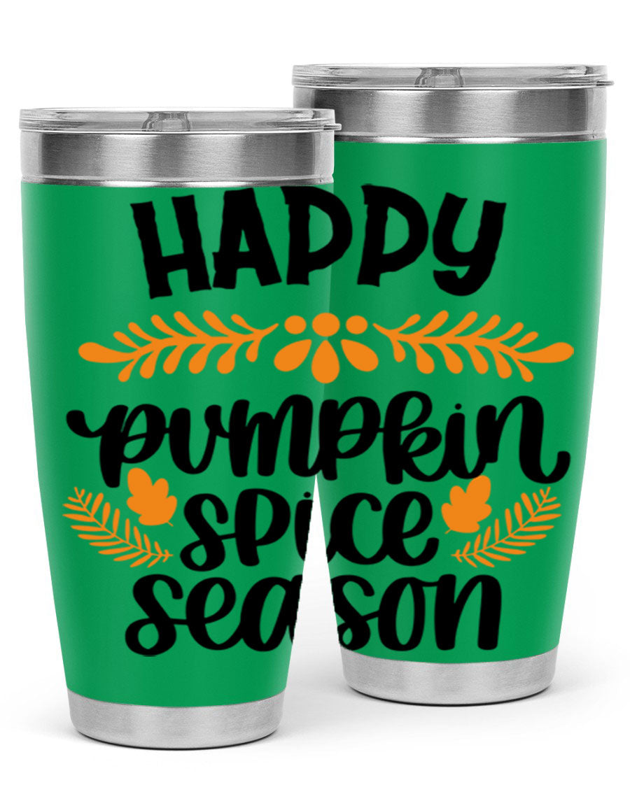 Happy Pumpkin Spice Season 20oz tumbler featuring a festive autumn design, made from stainless steel with a drink-thru lid.
