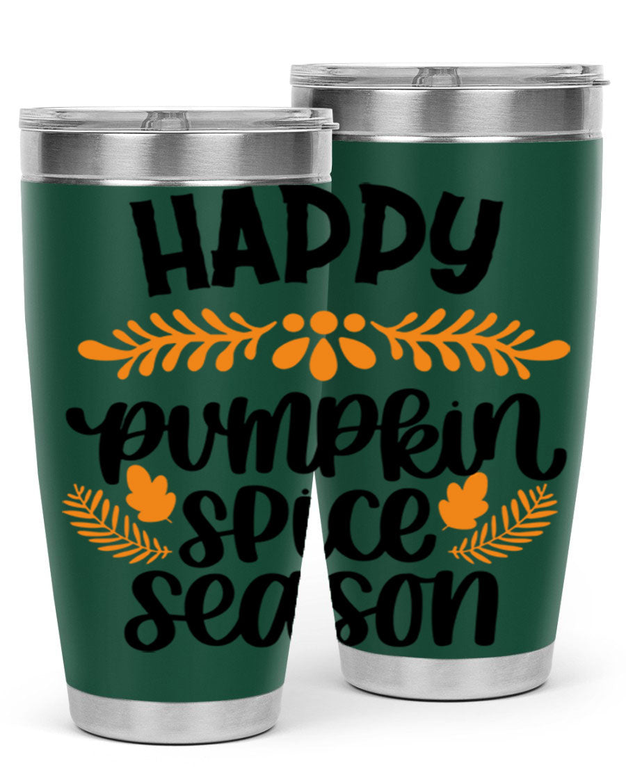 Happy Pumpkin Spice Season 20oz tumbler featuring a festive autumn design, made from stainless steel with a drink-thru lid.