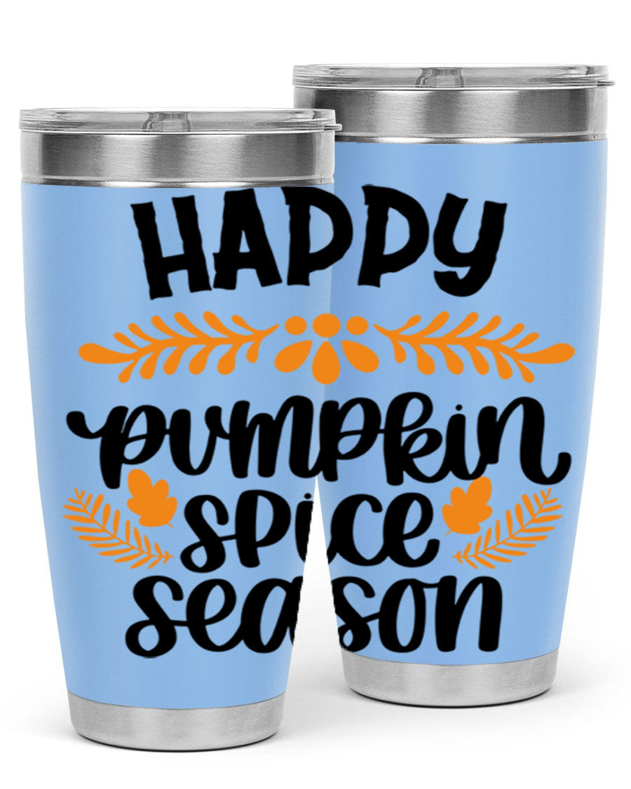 Happy Pumpkin Spice Season 20oz tumbler featuring a festive autumn design, made from stainless steel with a drink-thru lid.