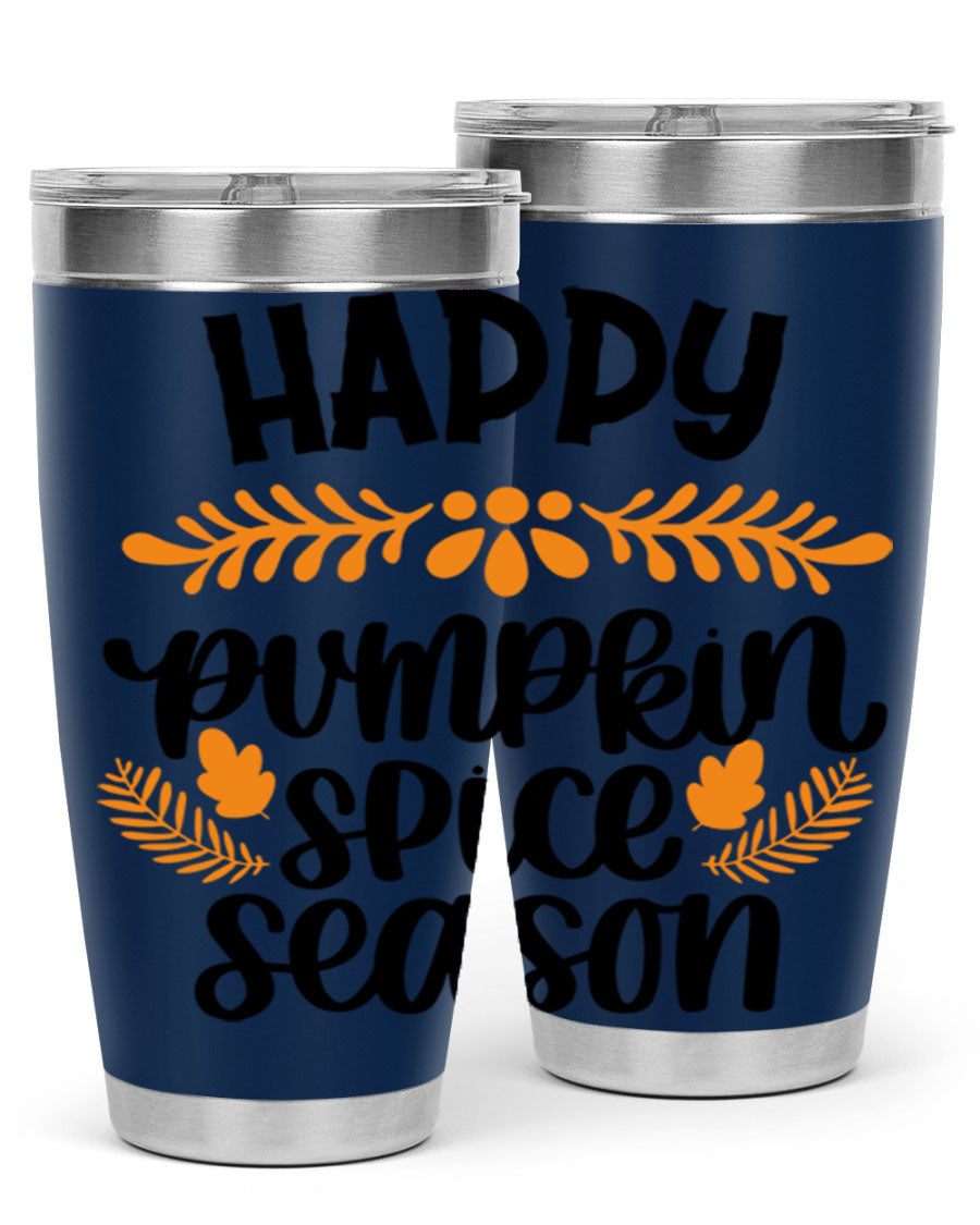 Happy Pumpkin Spice Season 20oz tumbler featuring a festive autumn design, made from stainless steel with a drink-thru lid.