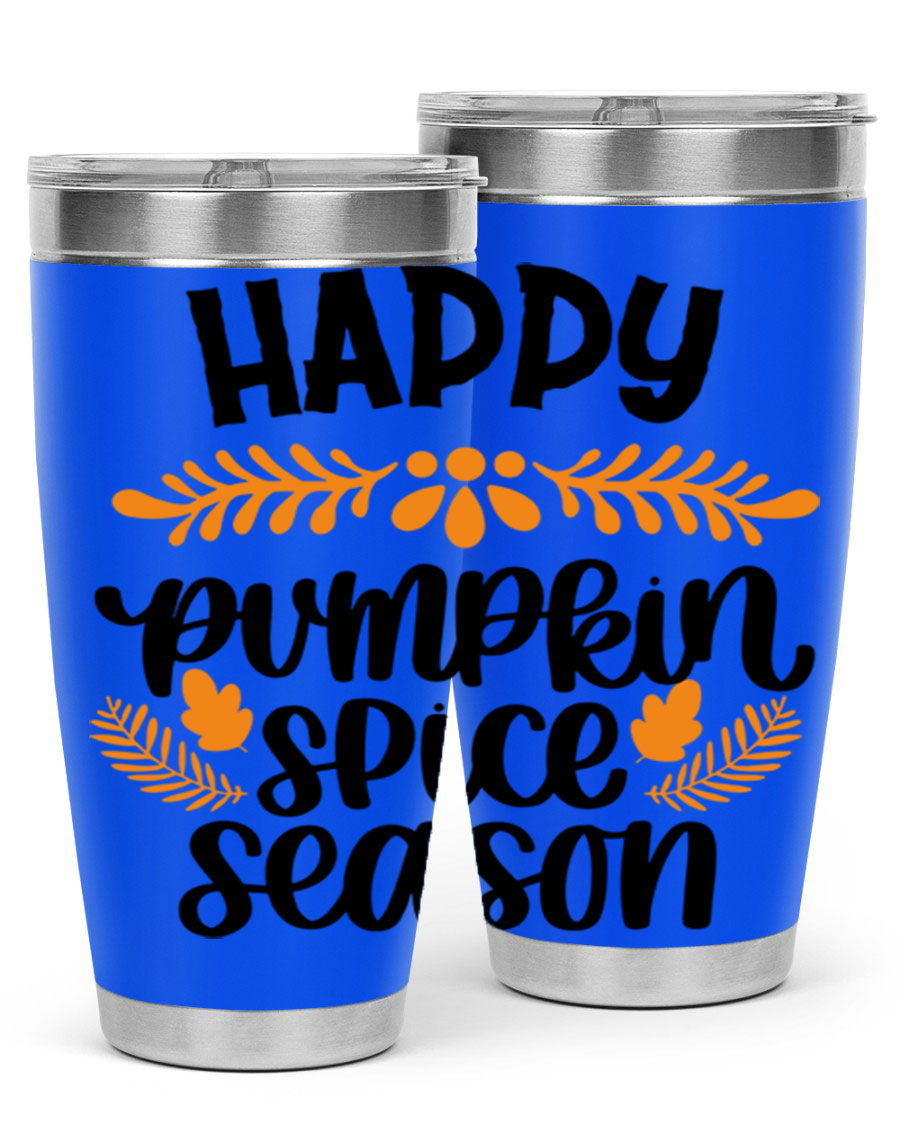 Happy Pumpkin Spice Season 20oz tumbler featuring a festive autumn design, made from stainless steel with a drink-thru lid.