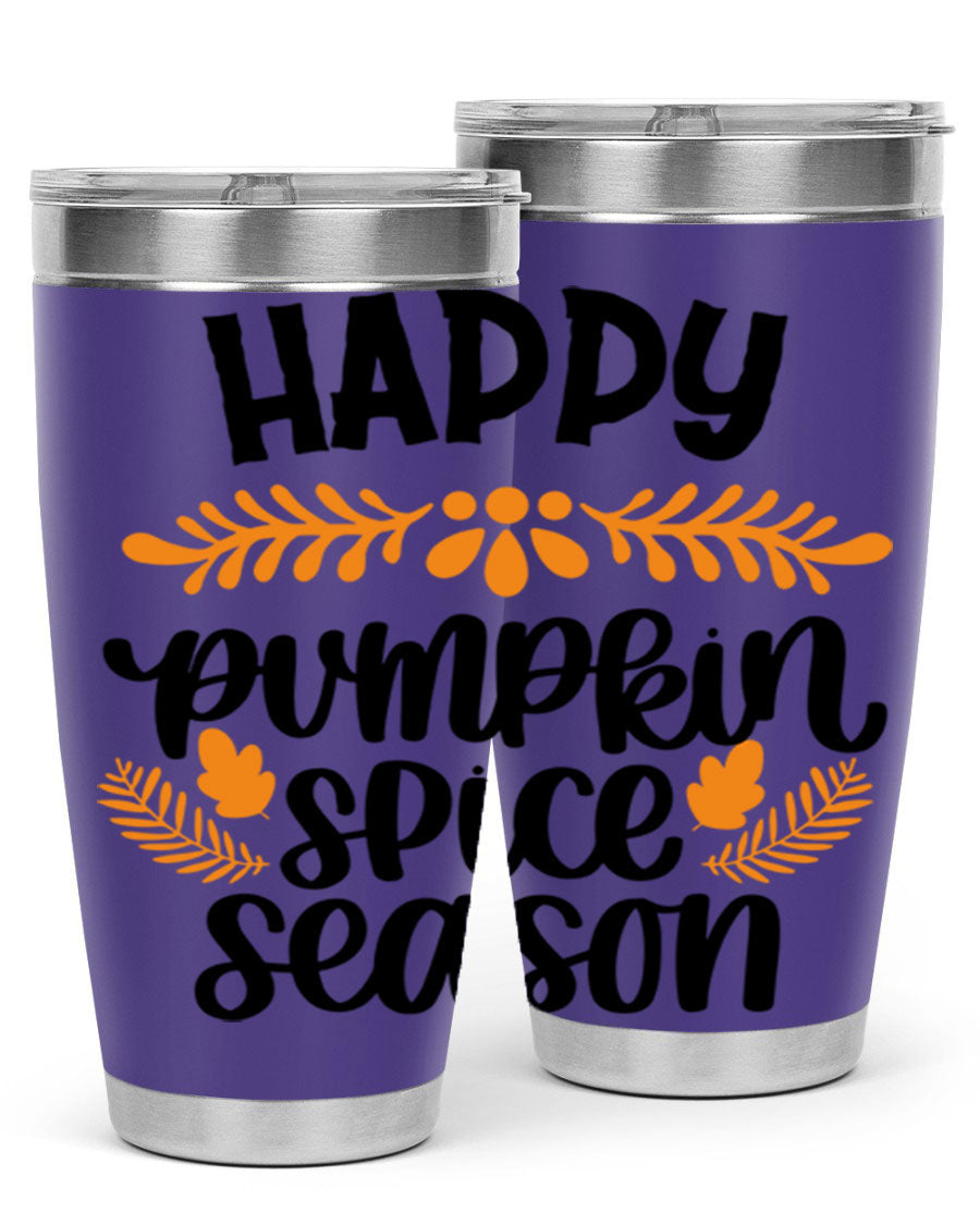 Happy Pumpkin Spice Season 20oz tumbler featuring a festive autumn design, made from stainless steel with a drink-thru lid.