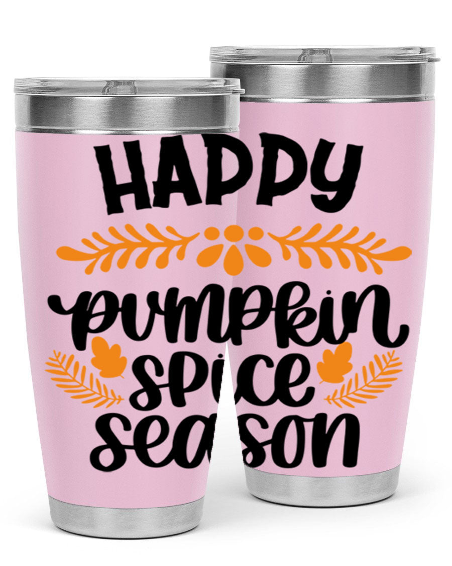 Happy Pumpkin Spice Season 20oz tumbler featuring a festive autumn design, made from stainless steel with a drink-thru lid.