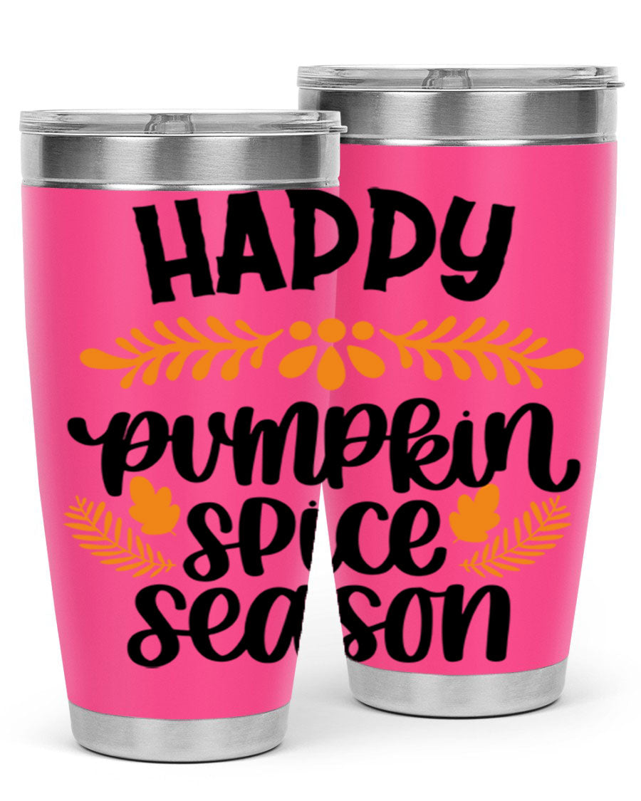 Happy Pumpkin Spice Season 20oz tumbler featuring a festive autumn design, made from stainless steel with a drink-thru lid.