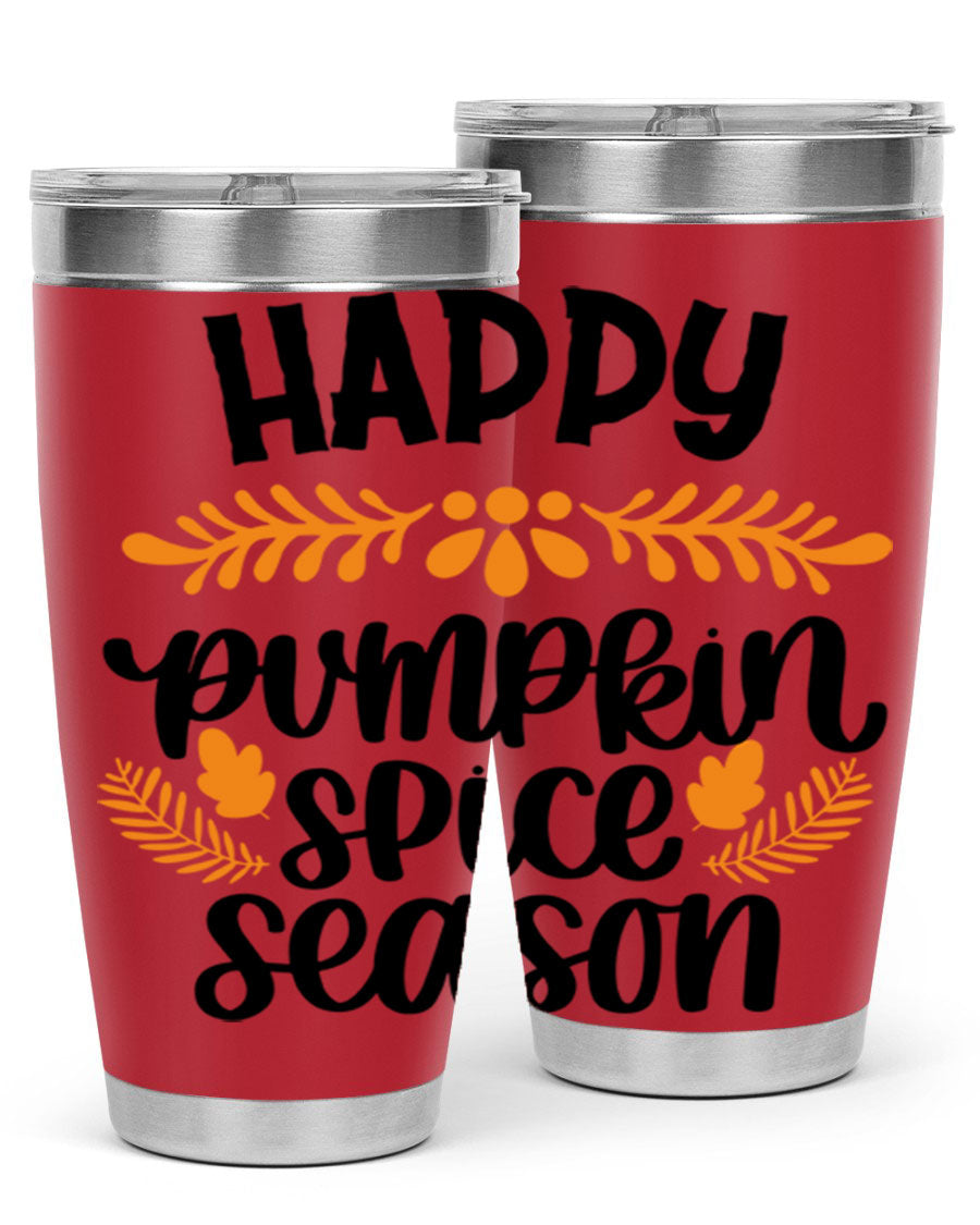 Happy Pumpkin Spice Season 20oz tumbler featuring a festive autumn design, made from stainless steel with a drink-thru lid.