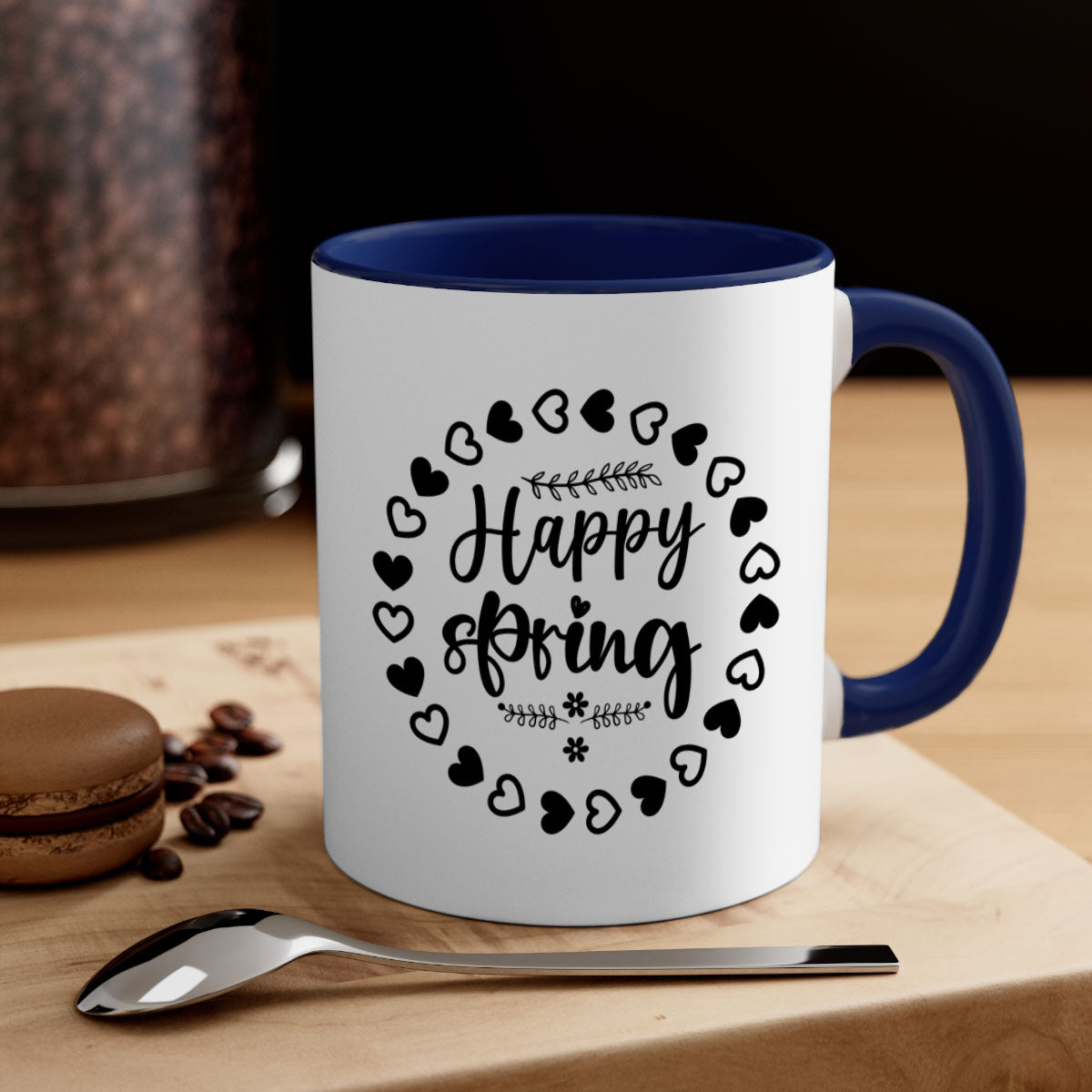 Happy Spring 174# Mug featuring a glossy finish, colored handle, and interior, available in multiple colors.