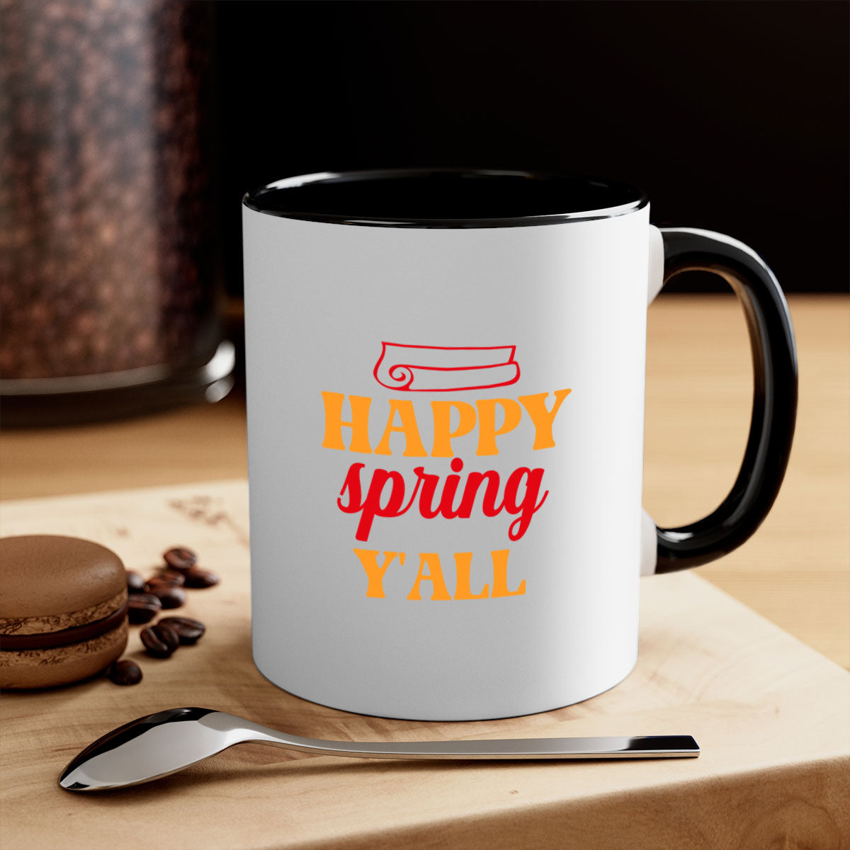 Happy Spring Y'all Mug with colorful handle and glossy finish, available in multiple colors and sizes.